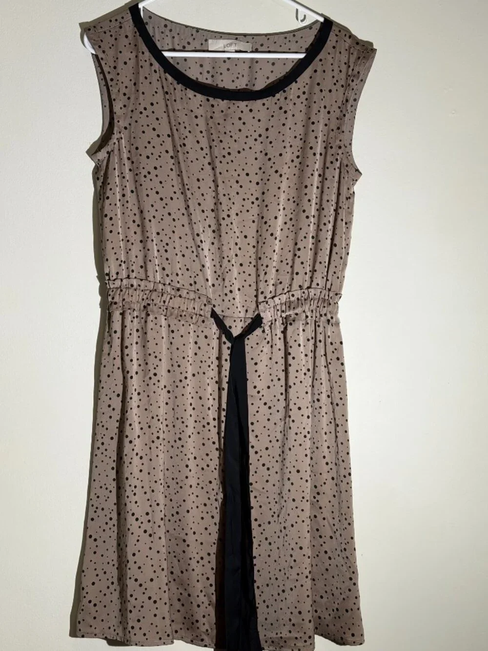 LOFT Polka Dot Sleeveless Cinch Waist Dress | Taupe Black M - Picture 2 of 5